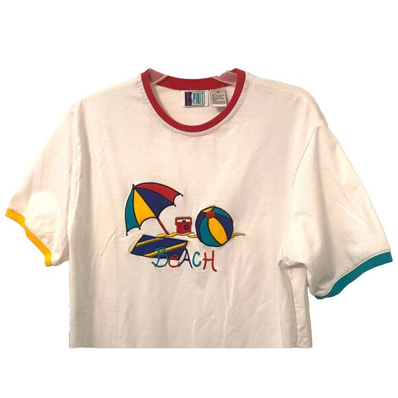 Vtg BOLD SPIRIT Ringer T-Shirt M White Blue Red BEACH Embroidered Colorful Retro - Picture 2 of 7